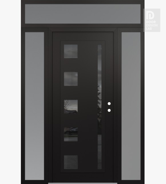 Modern Steel Front Door Diamond C3 64" x 96" black/black mirrored Glass Panel black LHI with 2 Sidelites and Transom frosted Glass