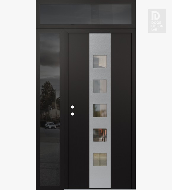 Modern Steel Front Door DIAMOND A13 50" X 96" BLACK/BLACK CLEAR GLASS PANEL STAINLESS STEEL RHI WITH SIDELITE AND TRANSOM MIRRORED GLASS