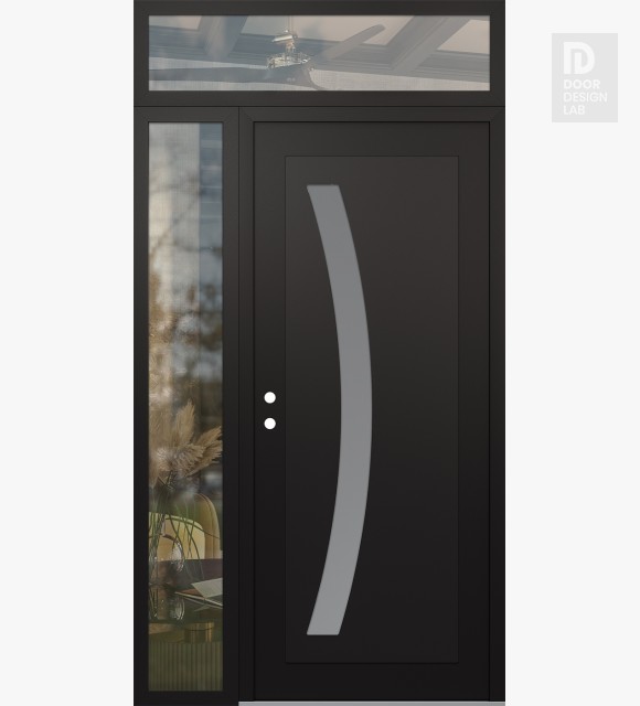 Modern Steel Front Door Diamond C4 48" x 96" black/white frosted Glass Panel black RHI with Sidelite and Transom clear Glass