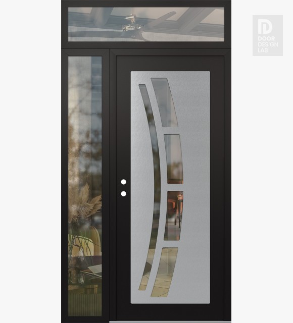 Modern Steel Front Door Diamond C12 48" x 96" black/black clear Glass Panel stainless steel RHI with Sidelite and Transom clear Glass