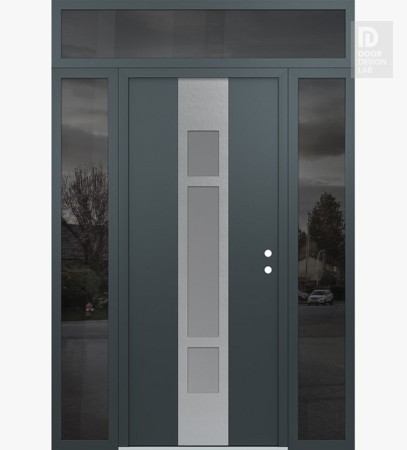 Modern Steel Front Door DIAMOND A9 64" X 96" ANTHRACITE/ANTHRACITE FROSTED GLASS PANEL STAINLESS STEEL LHI WITH 2 SIDELITES AND TRANSOM MIRRORED GLASS