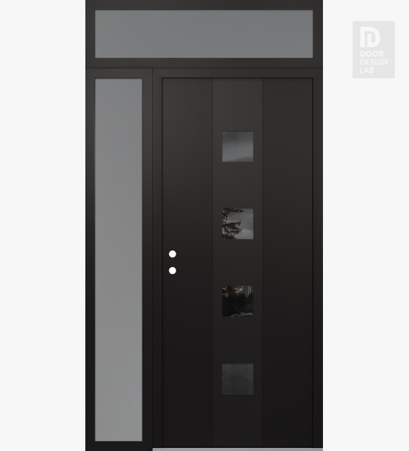 Modern Steel Front Door DIAMOND A12 52" X 96" BLACK/BLACK MIRRORED GLASS PANEL BLACK RHI WITH SIDELITE AND TRANSOM FROSTED GLASS
