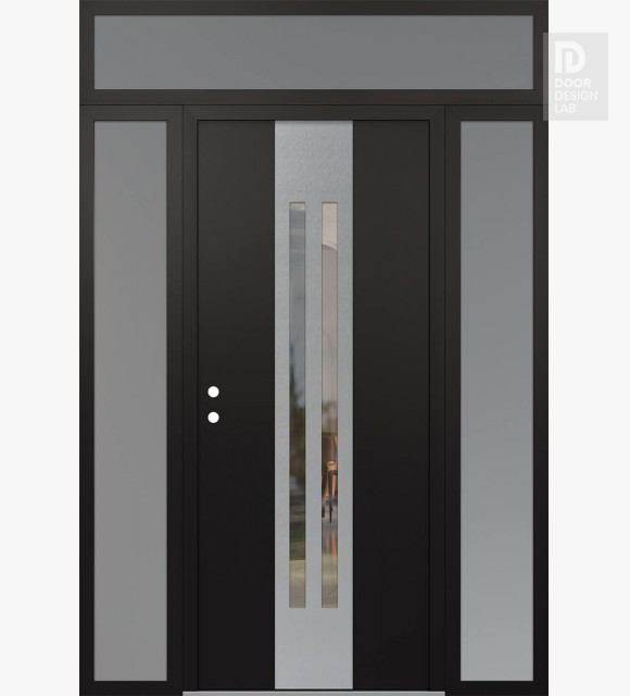 Modern Steel Front Door DIAMOND A8 60" X 96" BLACK/BLACK CLEAR GLASS PANEL STAINLESS STEEL RHI WITH 2 SIDELITES AND TRANSOM FROSTED GLASS