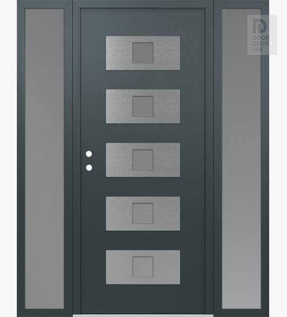 Modern Steel Front Door Diamond D8 68" x 80" anthracite/anthracite frosted Glass Panel stainless steel RHI with 2 Sidelites frosted Glass
