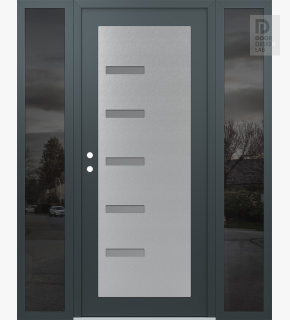 Modern Steel Front Door Diamond C8 64" x 80" anthracite/anthracite frosted Glass Panel stainless steel RHI with 2 Sidelites mirrored Glass