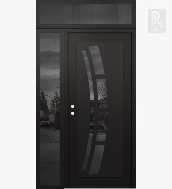 Modern Steel Front Door Diamond C12 52" x 96" black/black mirrored Glass Panel black RHI with Sidelite and Transom mirrored Glass