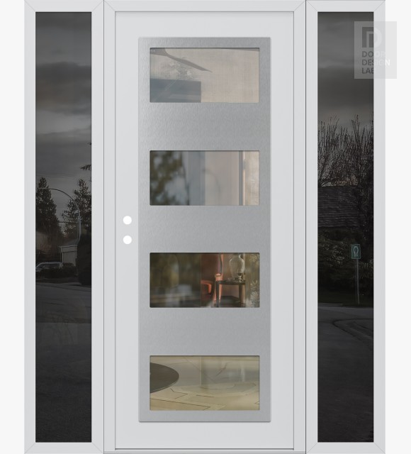 Modern Steel Front Door Diamond C2 64" x 80" white/white clear Glass Panel stainless steel RHI with 2 Sidelites mirrored Glass