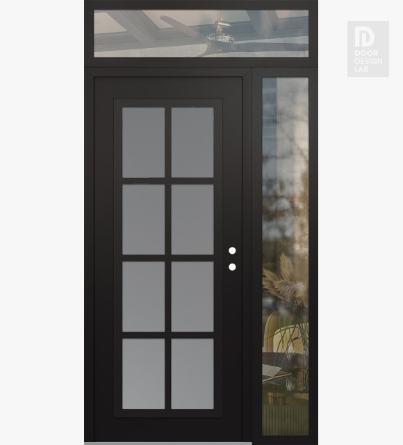 Modern Steel Front Door Diamond C16 50" x 96" black/white frosted Glass Panel black LHI with Sidelite and Transom clear Glass