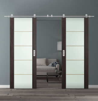 DOUBLE BARN DOOR AVON 202 4H GOLD STRIPS VETRO VERALINGA OAK 48" X 80" X 1 3/4" STAINLESS STEEL HARDWARE