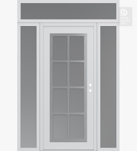 Modern Steel Front Door Diamond C16 60" x 96" white/white frosted Glass Panel stainless steel LHI with 2 Sidelites and Transom frosted Glass