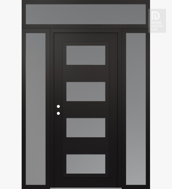 Modern Steel Front Door Diamond C2 60" x 96" black/white frosted Glass Panel black RHI with 2 Sidelites and Transom frosted Glass