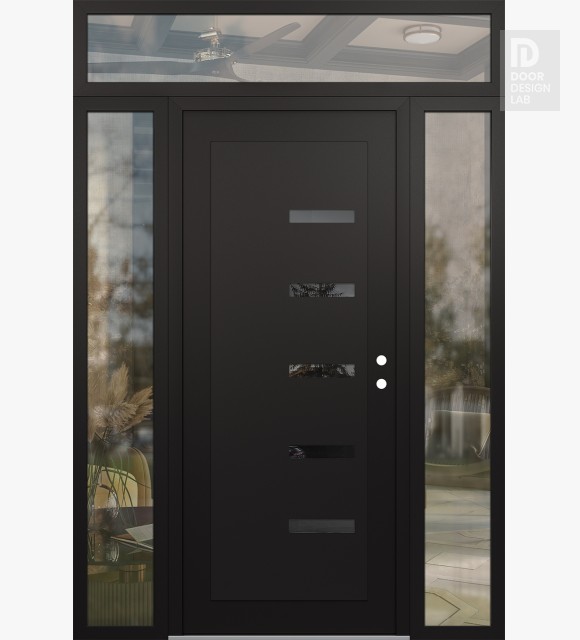 Modern Steel Front Door Diamond C8 60" x 96" black/black mirrored Glass Panel black LHI with 2 Sidelites and Transom clear Glass