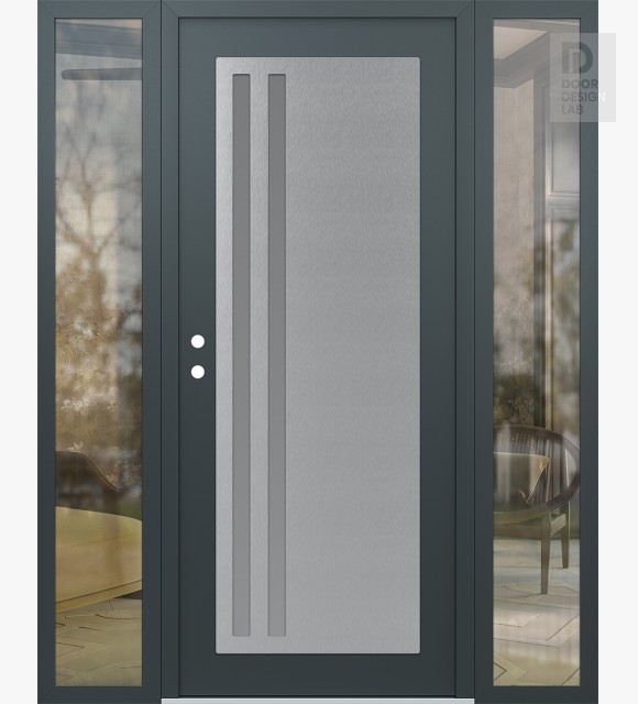 Modern Steel Front Door Diamond C6 68" x 80" anthracite/anthracite frosted Glass Panel stainless steel RHI with 2 Sidelites clear Glass