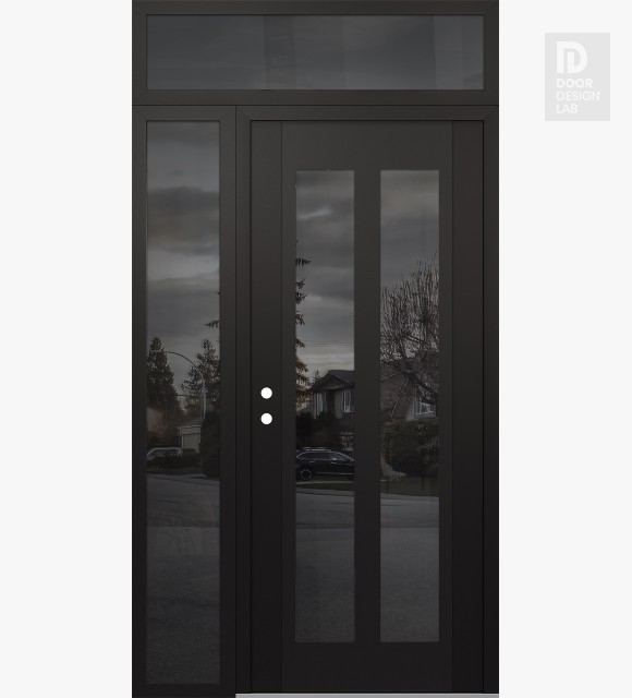 Modern Steel Front Door Diamond C14 48" x 96" black/black mirrored Glass Panel black RHI with Sidelite and Transom mirrored Glass