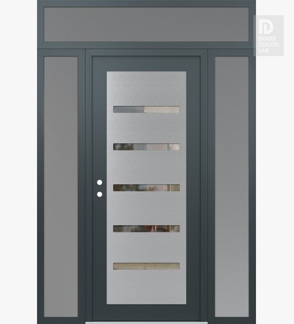 Modern Steel Front Door Diamond C7 64" x 96" anthracite/anthracite clear Glass Panel stainless steel RHI with 2 Sidelites and Transom frosted Glass