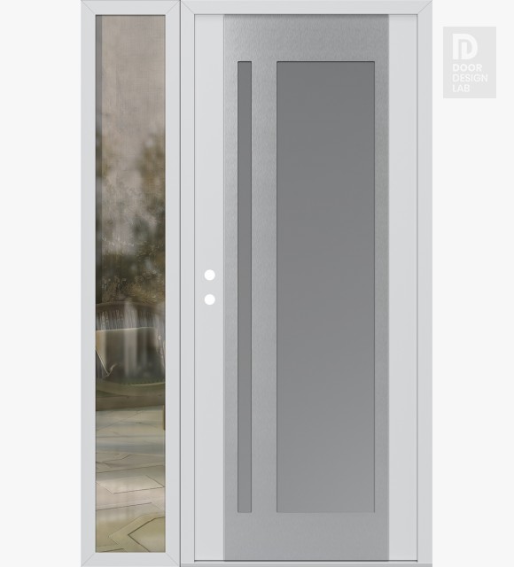 Modern Steel Front Door Diamond C15 52" x 80" white/white frosted Glass Panel stainless steel RHI with Sidelite clear Glass
