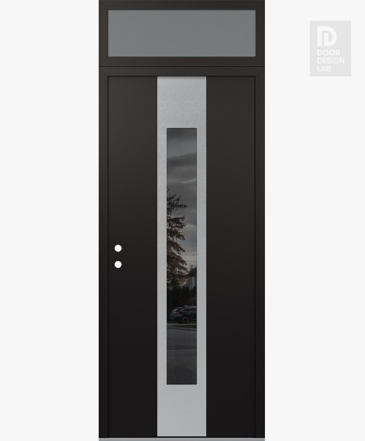Modern Steel Front Door DIAMOND A1 36" X 96" BLACK/BLACK MIRRORED GLASS PANEL STAINLESS STEEL RHI WITH TRANSOM FROSTED GLASS