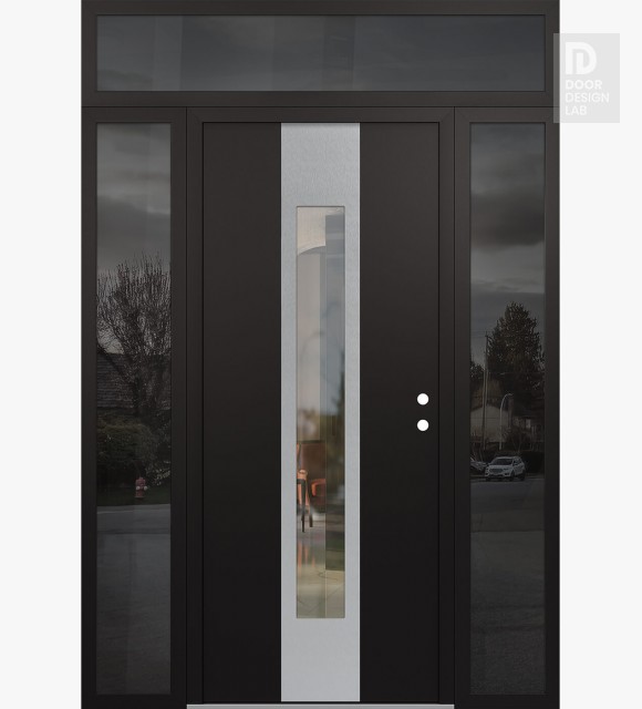 Modern Steel Front Door DIAMOND A1 60" X 96" BLACK/BLACK CLEAR GLASS PANEL STAINLESS STEEL LHI WITH 2 SIDELITES AND TRANSOM MIRRORED GLASS