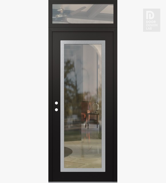 Modern Steel Front Door Diamond C1 36" x 96" black/black clear Glass Panel stainless steel RHI with Transom clear Glass