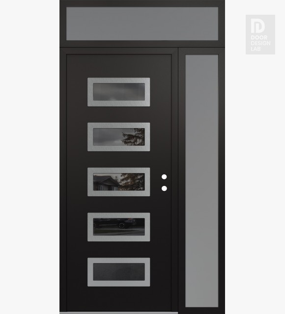 Modern Steel Front Door Diamond D1 52" x 96" black/black mirrored Glass Panel stainless steel LHI with Sidelite and Transom frosted Glass
