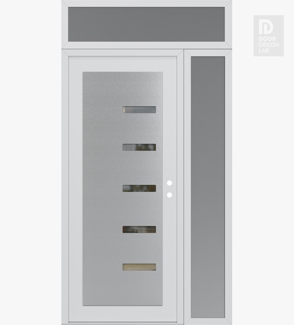 Modern Steel Front Door Diamond C8 48" x 96" white/white clear Glass Panel stainless steel LHI with Sidelite and Transom frosted Glass