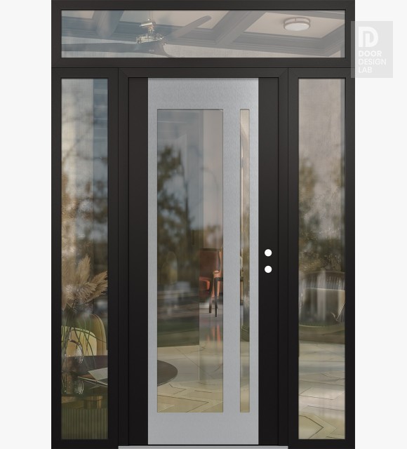 Modern Steel Front Door Diamond C15 64" x 96" black/black clear Glass Panel stainless steel LHI with 2 Sidelites and Transom clear Glass