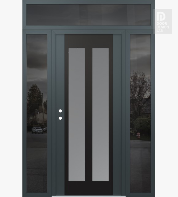 Modern Steel Front Door Diamond C14 68" x 96" anthracite/anthracite frosted Glass Panel black RHI with 2 Sidelites and Transom mirrored Glass