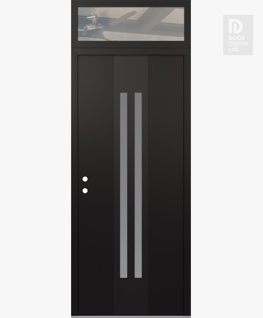 Modern Steel Front Door DIAMOND A8 36" X 96" BLACK/WHITE FROSTED GLASS PANEL BLACK RHI WITH TRANSOM CLEAR GLASS