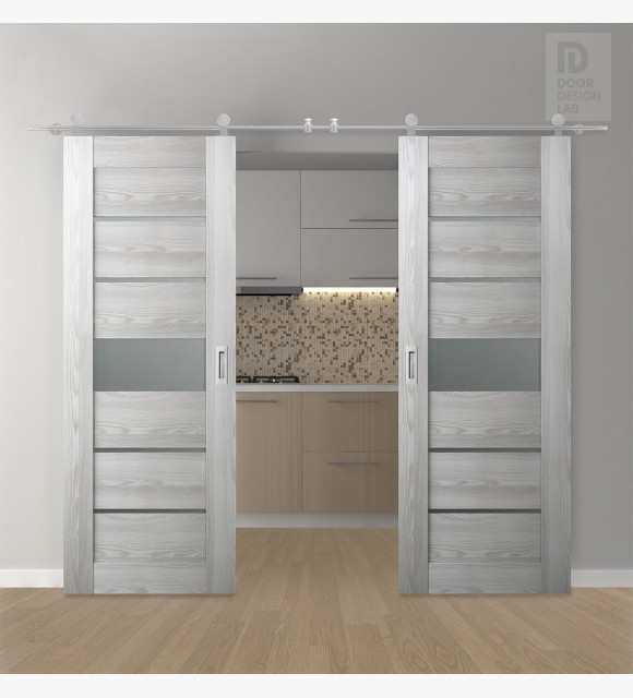 DOUBLE BARN DOOR AVON 07-06 VETRO RIBEIRA ASH 36" X 96" X 1 3/4" STAINLESS STEEL HARDWARE