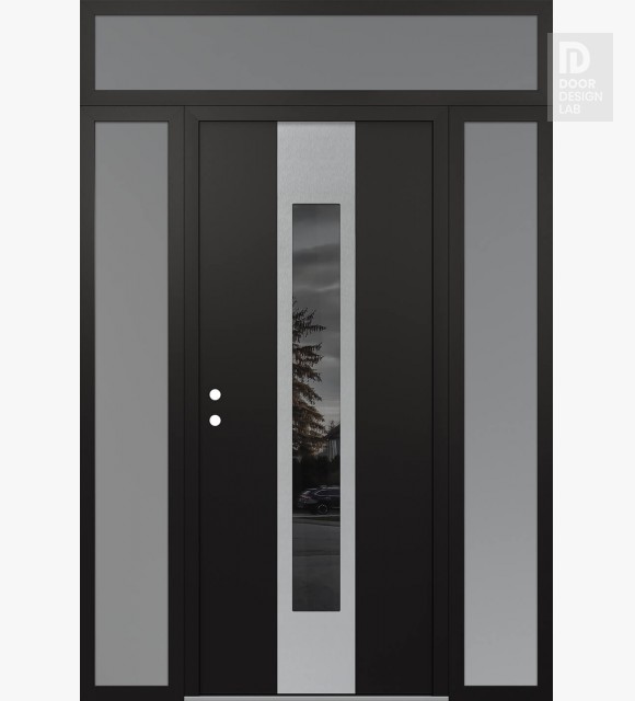 Modern Steel Front Door DIAMOND A1 64" X 96" BLACK/BLACK MIRRORED GLASS PANEL STAINLESS STEEL RHI WITH 2 SIDELITES AND TRANSOM FROSTED GLASS