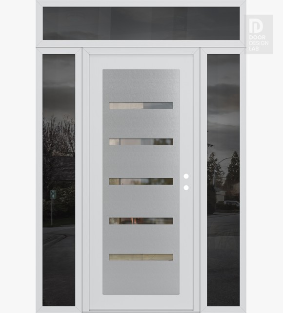Modern Steel Front Door Diamond C7 68" x 96" white/white clear Glass Panel stainless steel LHI with 2 Sidelites and Transom mirrored Glass