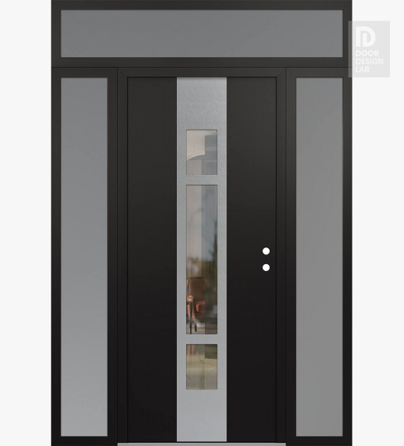 Modern Steel Front Door DIAMOND A9 64" X 96" BLACK/BLACK CLEAR GLASS PANEL STAINLESS STEEL LHI WITH 2 SIDELITES AND TRANSOM FROSTED GLASS