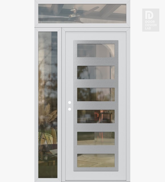 Modern Steel Front Door Diamond C9 52" x 96" white/white clear Glass Panel stainless steel RHI with Sidelite and Transom clear Glass