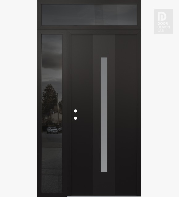 Modern Steel Front Door DIAMOND A2 48" X 96" BLACK/WHITE FROSTED GLASS PANEL BLACK RHI WITH SIDELITE AND TRANSOM MIRRORED GLASS