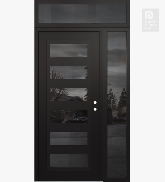 Modern Steel Front Door Diamond C9 52" x 96" black/black mirrored Glass Panel black LHI with Sidelite and Transom mirrored Glass