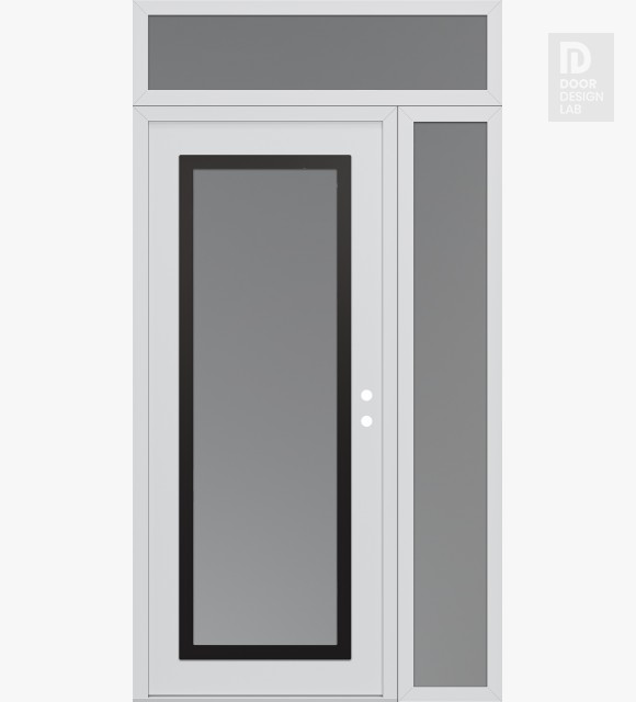 Modern Steel Front Door Diamond C1 48" x 96" white/white frosted Glass Panel black LHI with Sidelite and Transom frosted Glass