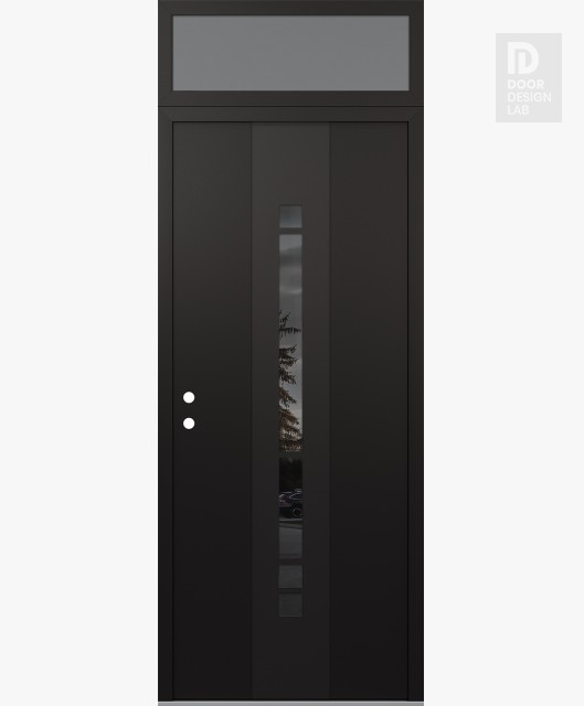 Modern Steel Front Door DIAMOND A3 36" X 96" BLACK/BLACK MIRRORED GLASS PANEL BLACK RHI WITH TRANSOM FROSTED GLASS