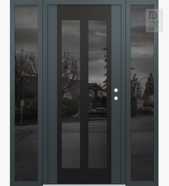 Modern Steel Front Door Diamond C14 68" x 80" anthracite/anthracite mirrored Glass Panel black LHI with 2 Sidelites mirrored Glass