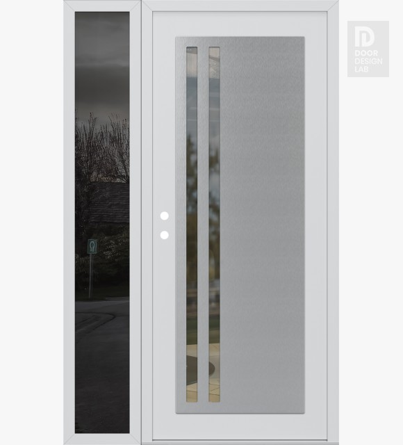 Modern Steel Front Door Diamond C6 52" x 80" white/white clear Glass Panel stainless steel RHI with Sidelite mirrored Glass