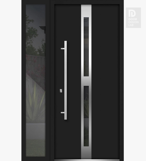 Front Exterior Prehung Steel Door / Deux 1755 Black Enamel / Side Exterior Window /  Stainless Inserts Single Modern Painted-W36+12" x H80"-Right-hand Inswing