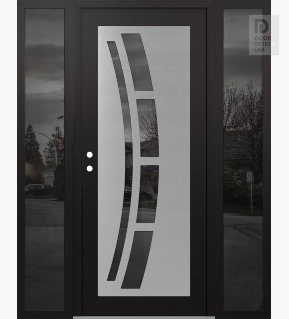 Modern Steel Front Door Diamond C12 68" x 80" black/black mirrored Glass Panel stainless steel RHI with 2 Sidelites mirrored Glass