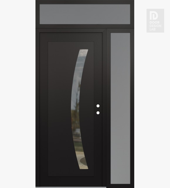 Modern Steel Front Door Diamond C4 52" x 96" black/black clear Glass Panel black LHI with Sidelite and Transom frosted Glass