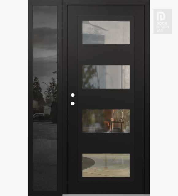 Modern Steel Front Door Diamond C2 48" x 80" black/black clear Glass Panel black RHI with Sidelite mirrored Glass