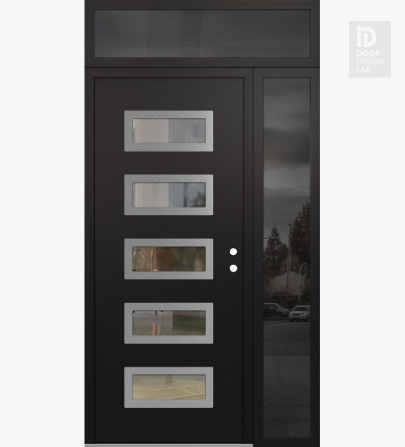 Modern Steel Front Door Diamond D1 50" x 96" black/black clear Glass Panel stainless steel LHI with Sidelite and Transom mirrored Glass