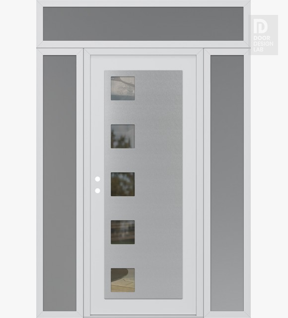Modern Steel Front Door Diamond C5 68" x 96" white/white clear Glass Panel stainless steel RHI with 2 Sidelites and Transom frosted Glass