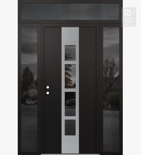 Modern Steel Front Door DIAMOND A10 68" X 96" BLACK/BLACK MIRRORED GLASS PANEL STAINLESS STEEL RHI WITH 2 SIDELITES AND TRANSOM MIRRORED GLASS