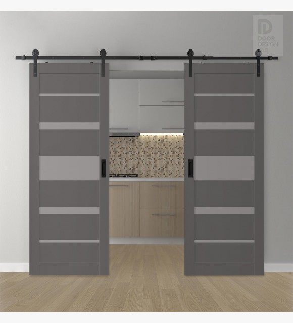 DOUBLE BARN DOOR AVON 07-03 VETRO GRAY MATTE 60" X 80" X 1 3/4" BLACK HARDWARE