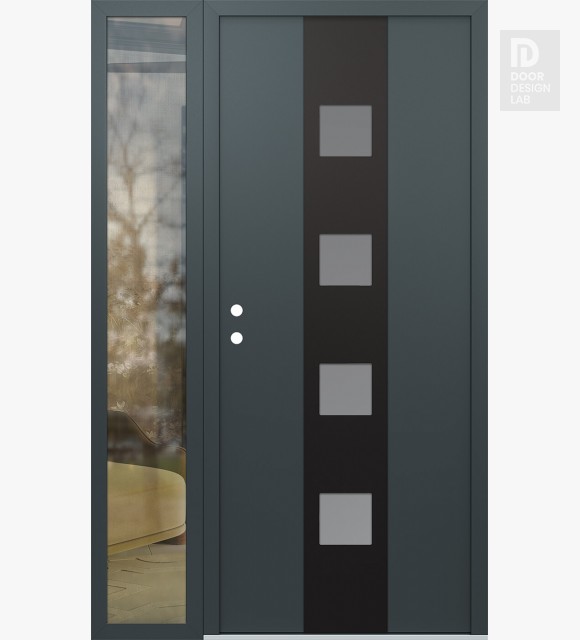 Modern Steel Front Door DIAMOND A12 48" X 80" ANTHRACITE/ANTHRACITE FROSTED GLASS PANEL BLACK RHI WITH SIDELITE CLEAR GLASS