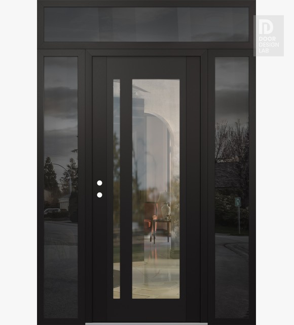 Modern Steel Front Door Diamond C15 60" x 96" black/black clear Glass Panel black RHI with 2 Sidelites and Transom mirrored Glass