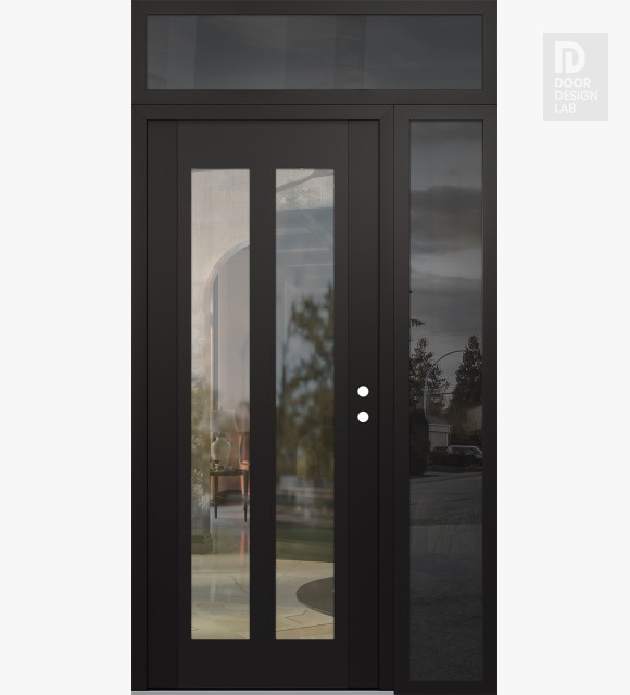 Modern Steel Front Door Diamond C14 50" x 96" black/black clear Glass Panel black LHI with Sidelite and Transom mirrored Glass